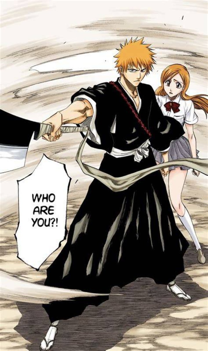 Ichigo saving an anime girl with a sword on his shoulder