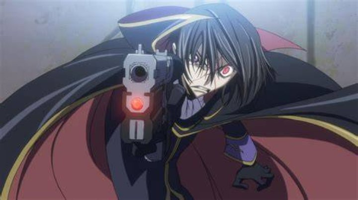 Lelouch holding a gun out and his eye is red